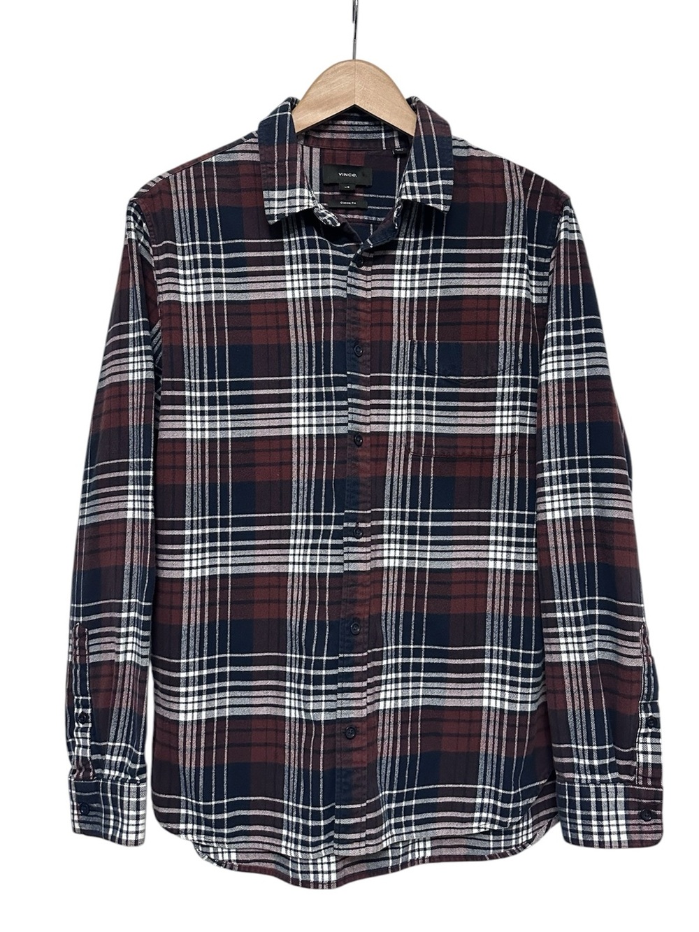 vince. Men's Cedarwood Plaid Classic Fit Flannel Shirt Navy Burgundy White Large
